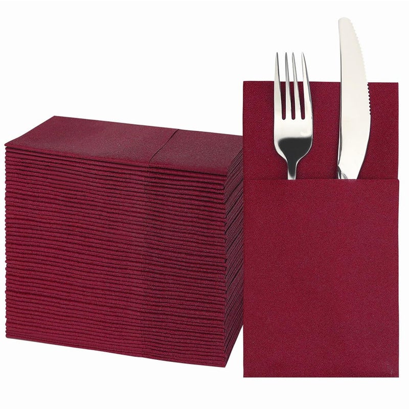 JEBBLAS 50Pcs Dinner Napkins with Builtin Flatware Pocket 16x16inches Burgundy Napkins LinenFeel Disposable Hand Napkins for Christmas Parties Weddings Dinners or Events